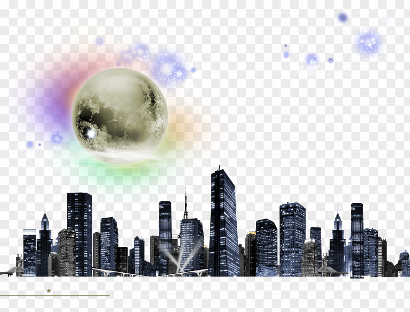 The City Over Moon Silhouette PNG