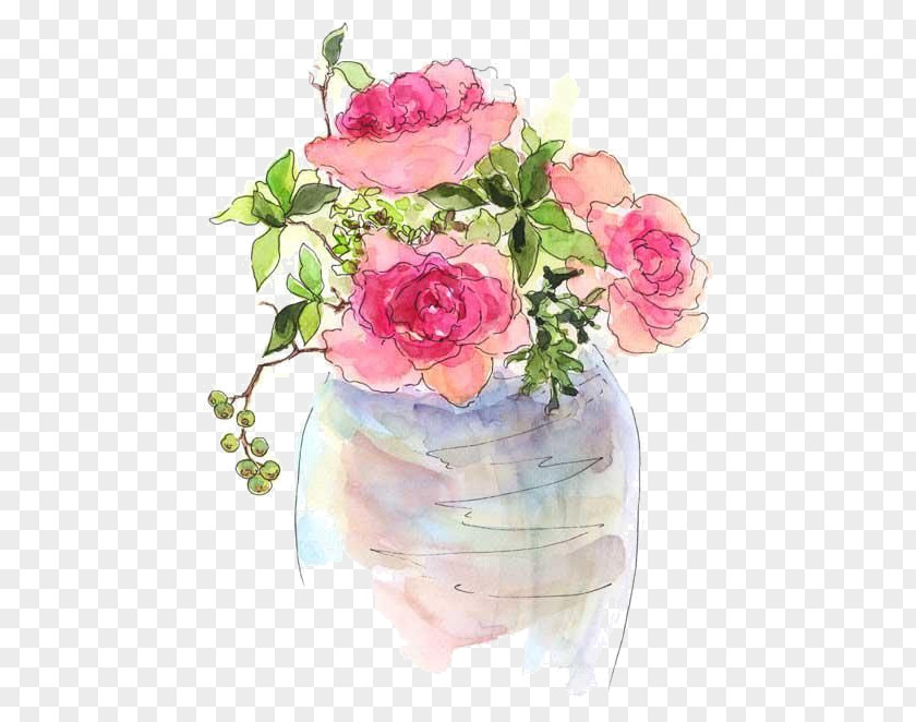 Cartoon Paint Pink Roses Vase Watercolor: Flowers Artist Trading Cards Watercolor Painting PNG