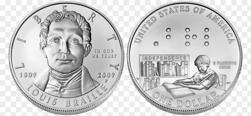 Silver Coin Louis Braille Dollar Philadelphia Mint Commemorative PNG