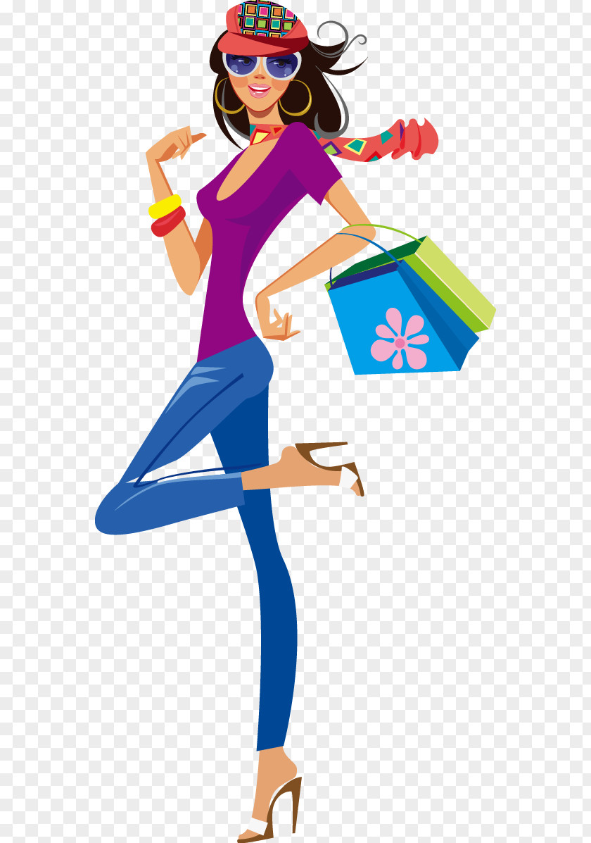 Shopping Clothing Illustration PNG Illustration, Fashion shopping girl silhouette, female holding green and blue bags clipart PNG
