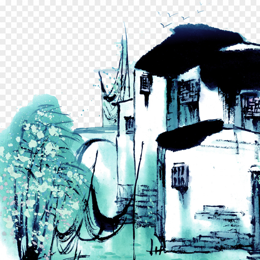 Retro House Ink Wash Painting Watercolor PNG