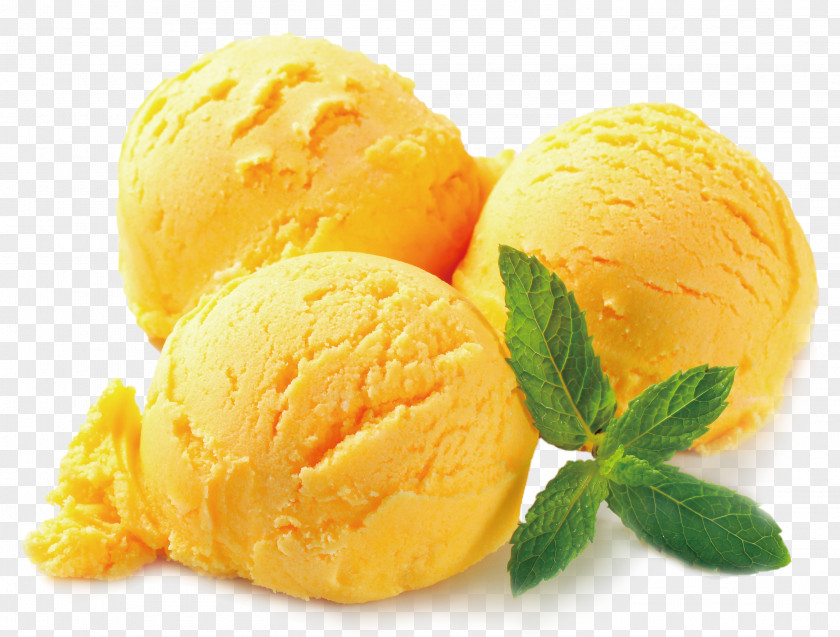Yellow Mango Ice Cream Ball Mint Leaves Smoothie Gelato Sorbet PNG