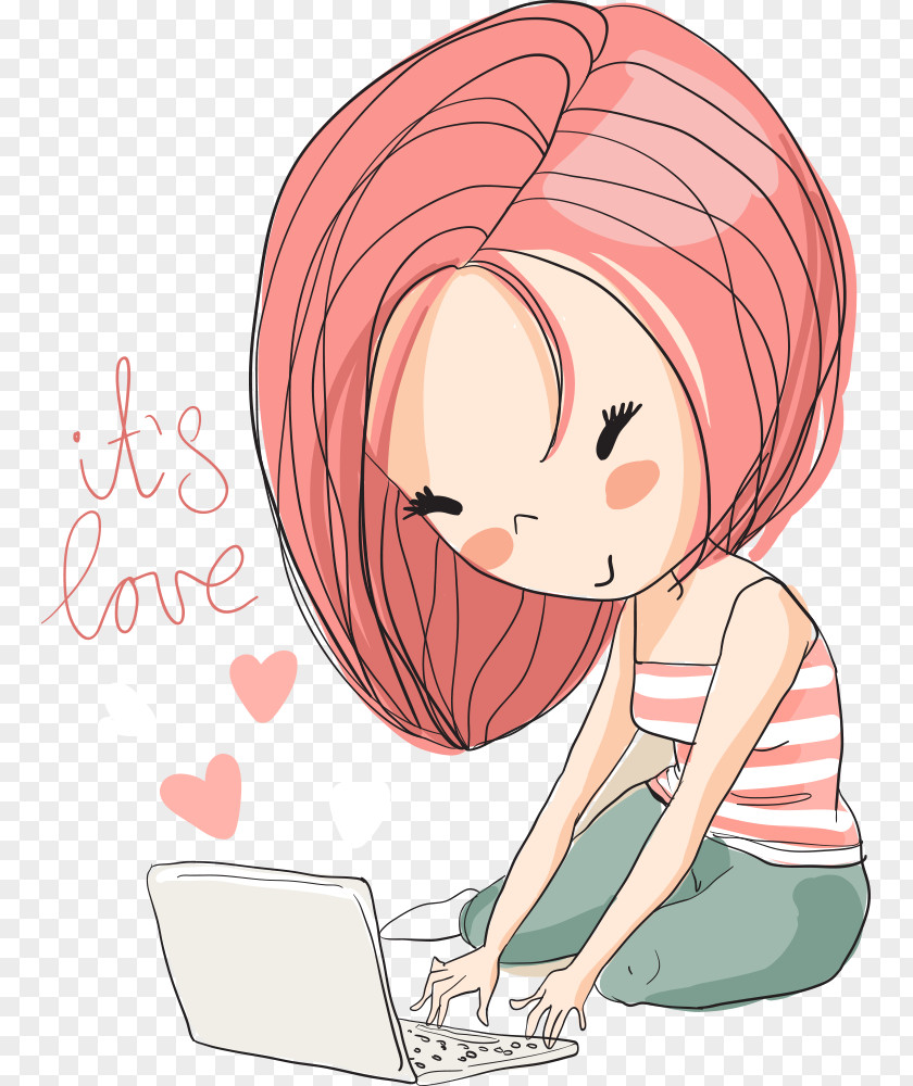 Drawing Girl Illustration PNG Illustration, girl playing with notebook, using laptop art clipart PNG
