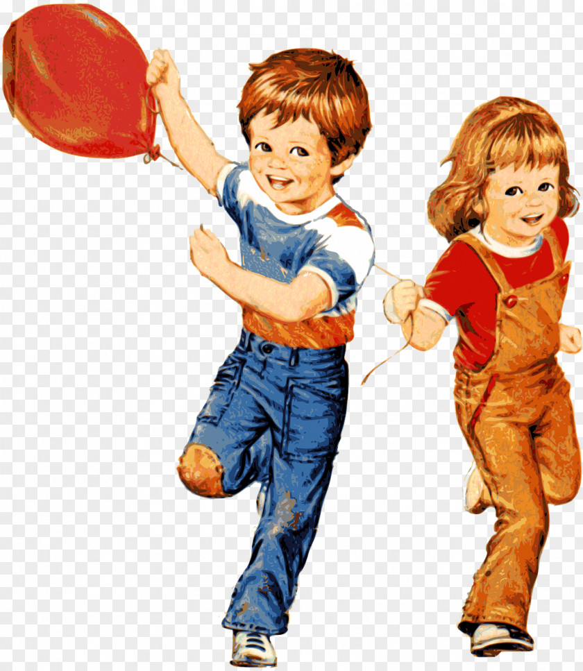 Children Playing With Balloon PNG Balloon, girl and boy pulling red balloon illustration clipart PNG