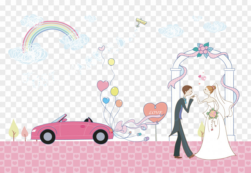 Cartoon Wedding Couple Creative Car Pink Marriage PNG