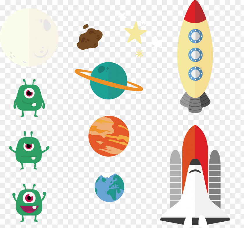 Vector Hand-drawn Cartoon Little Monster Planet Rocket PNG