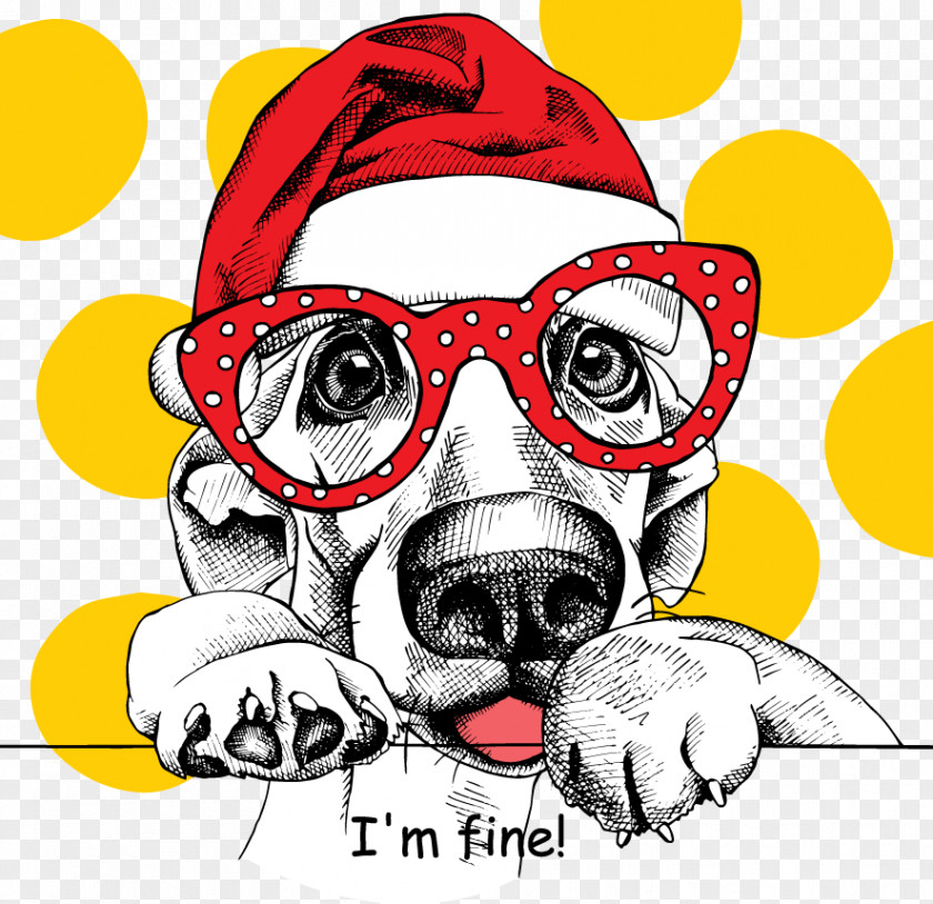 Yellow Polka Dot Background Glasses Dog French Bulldog Puppy Santa Claus Christmas Drawing PNG