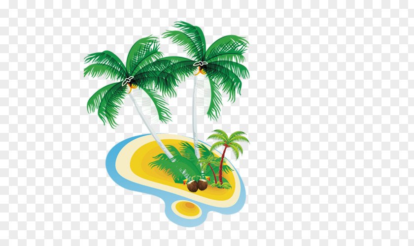 Sandy Beach Coconut Tree Sea Flat Design PNG