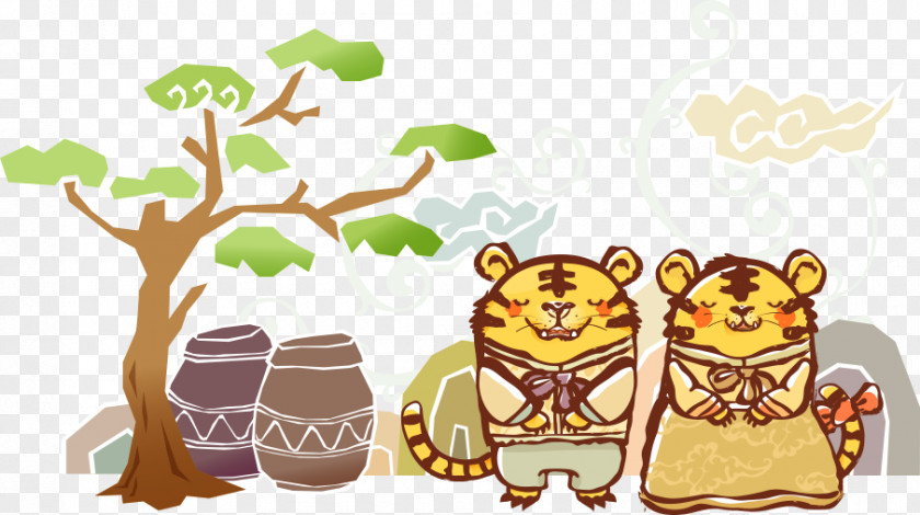 Vector Trees On The Edge Of Tiger Cartoon Illustration PNG