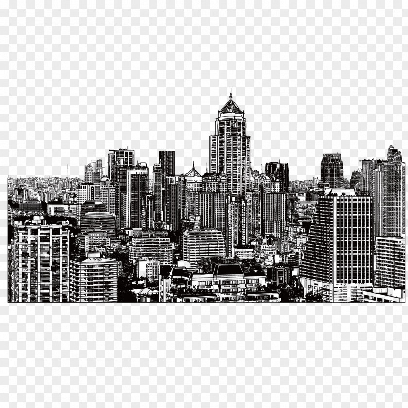Vector Overlooking The City Group Hand Painted Night View New York Drawing Building Illustration PNG