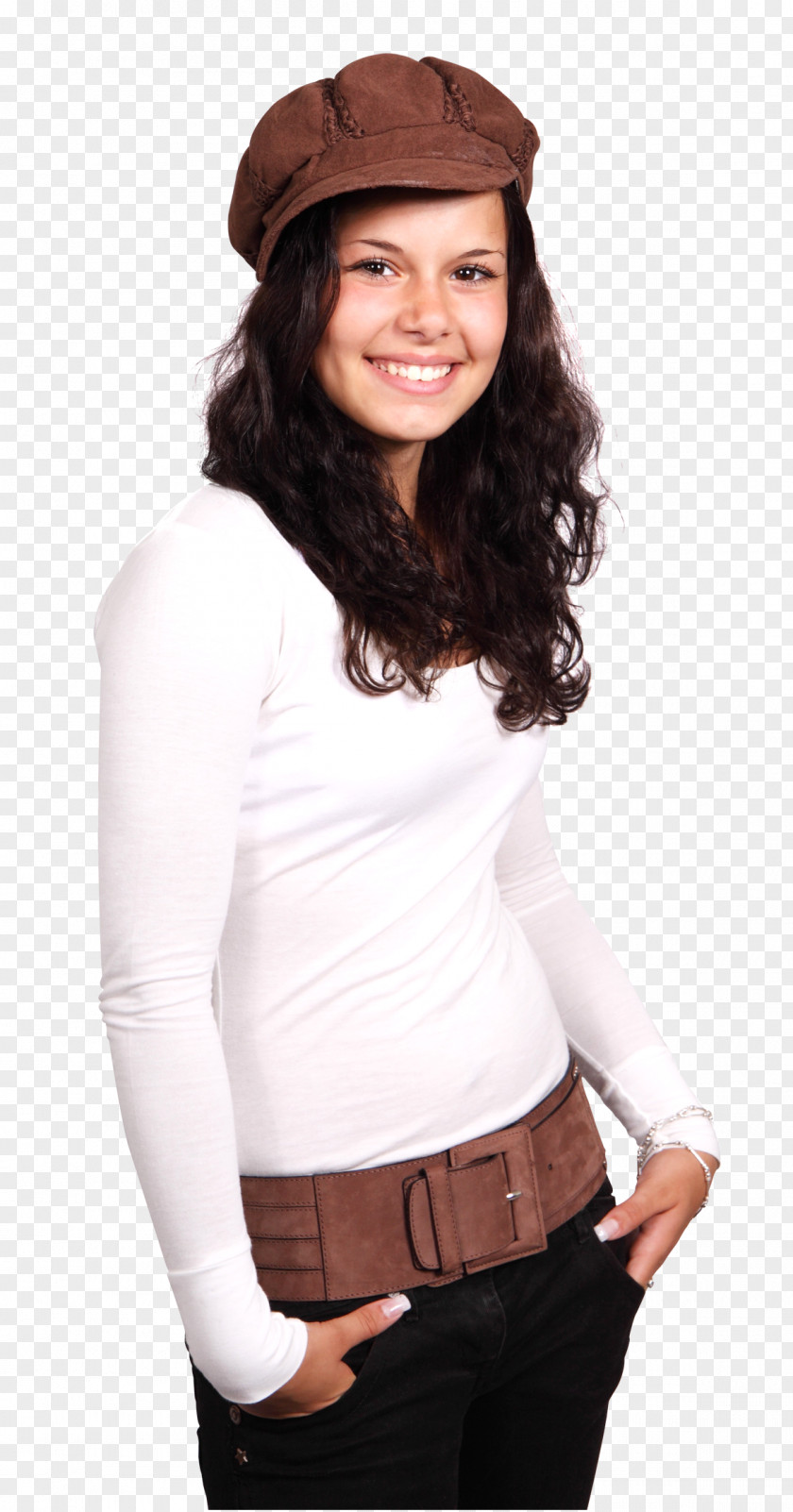 Young Smiling Woman With Brown Cap T-shirt Clothing PNG