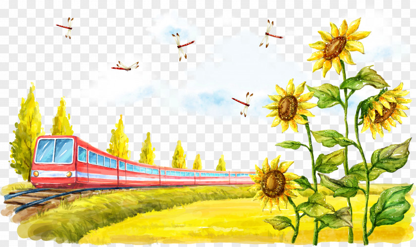 Train With Sunflowers Fukei Poster Cartoon Illustration PNG
