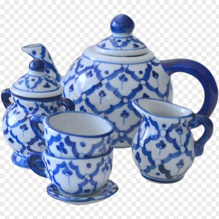 Tea Set Kettle Blue And White Pottery Saucer PNG