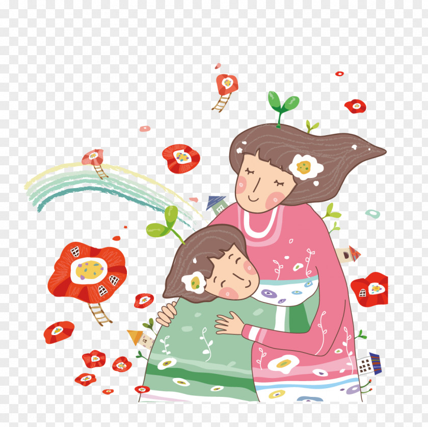 Mother Holding A Child In The Flowers Cartoon Hug Illustration PNG