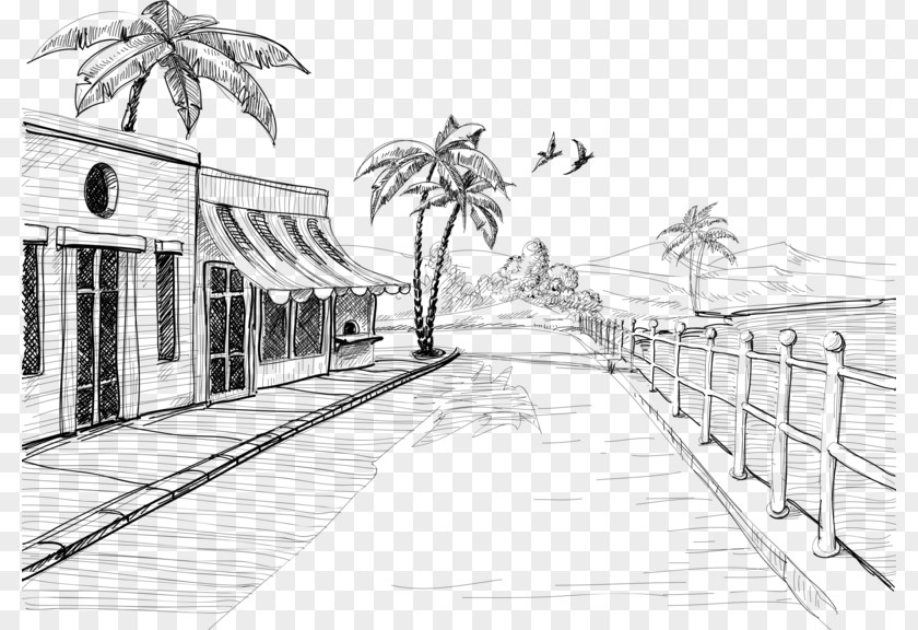 Hand-painted Pier Street Drawing Sketch PNG
