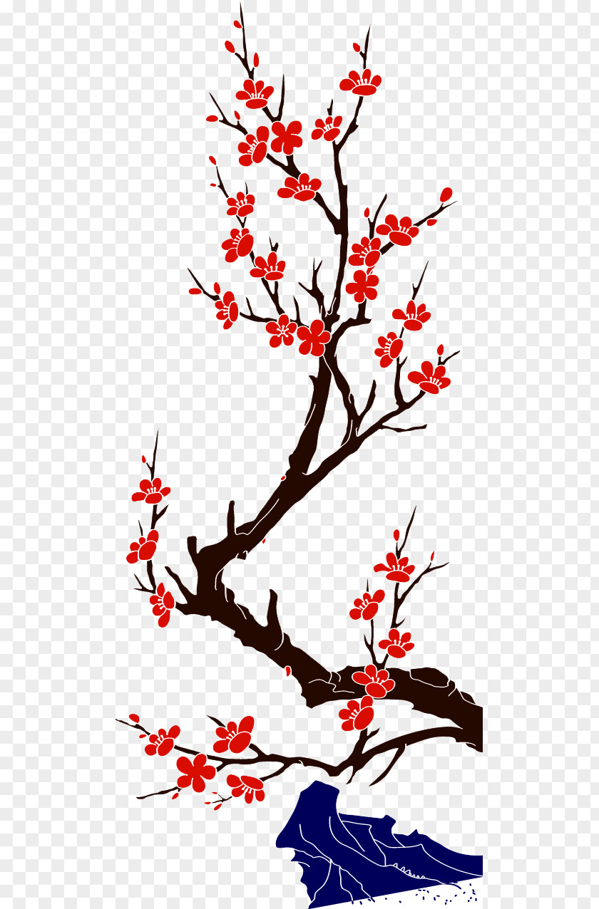 Creative Hand-painted Red Plum Tree Branch China Blossom PNG