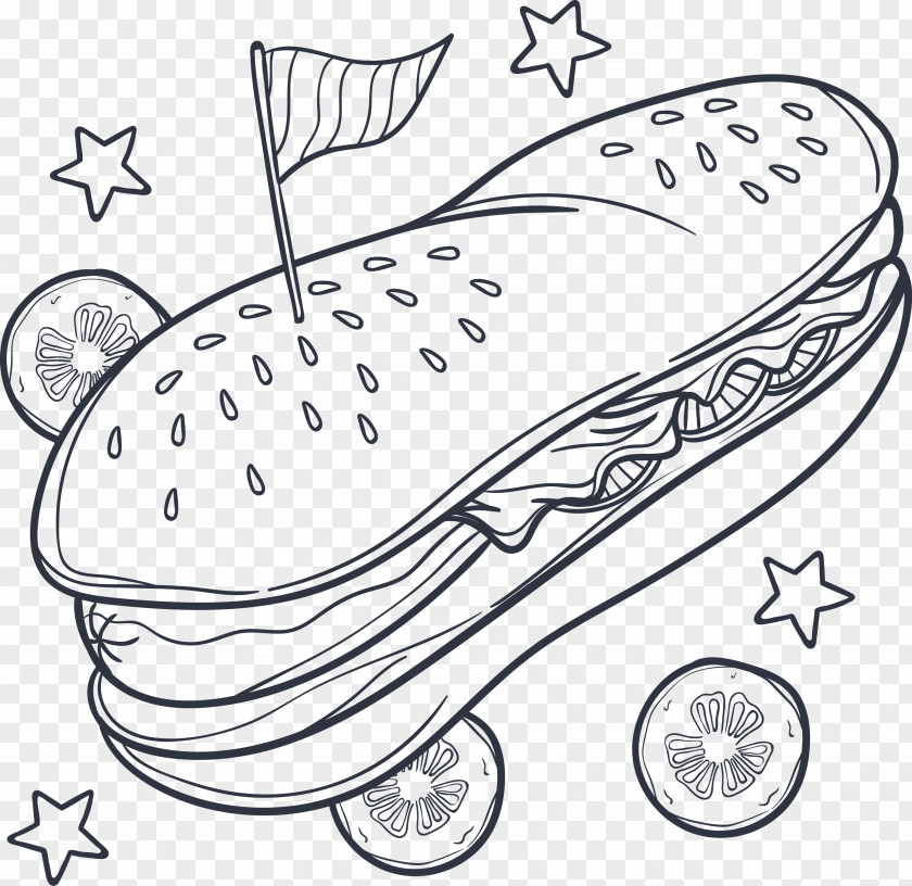 Hand-painted Hot Dogs Dog Hamburger Fast Food French Fries Coloring Book PNG
