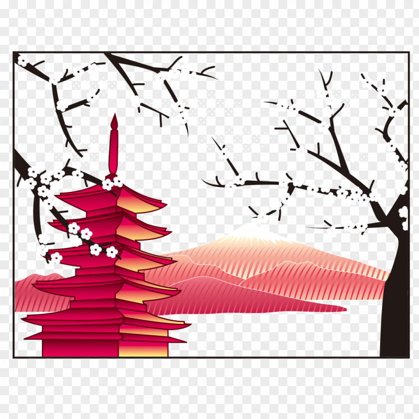 Plum Tower Mount Fuji Japanese Pagoda Illustration PNG