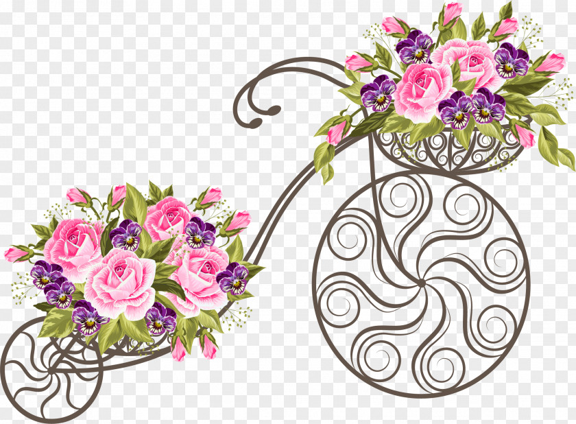 Pink Roses Retro Bike Bicycle Basket Flower Stock Photography PNG