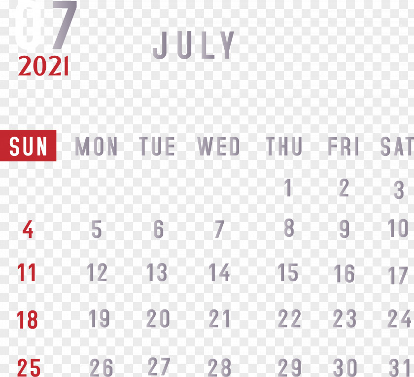 July 2021 Printable Calendar Monthly Template PNG