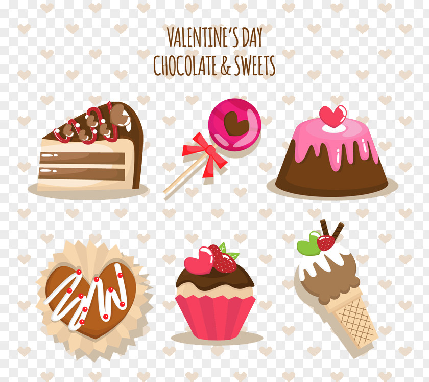 6 Valentine's Day Sweets Vector Chocolate Cake Birthday Cupcake Ice Cream Cone Dessert PNG