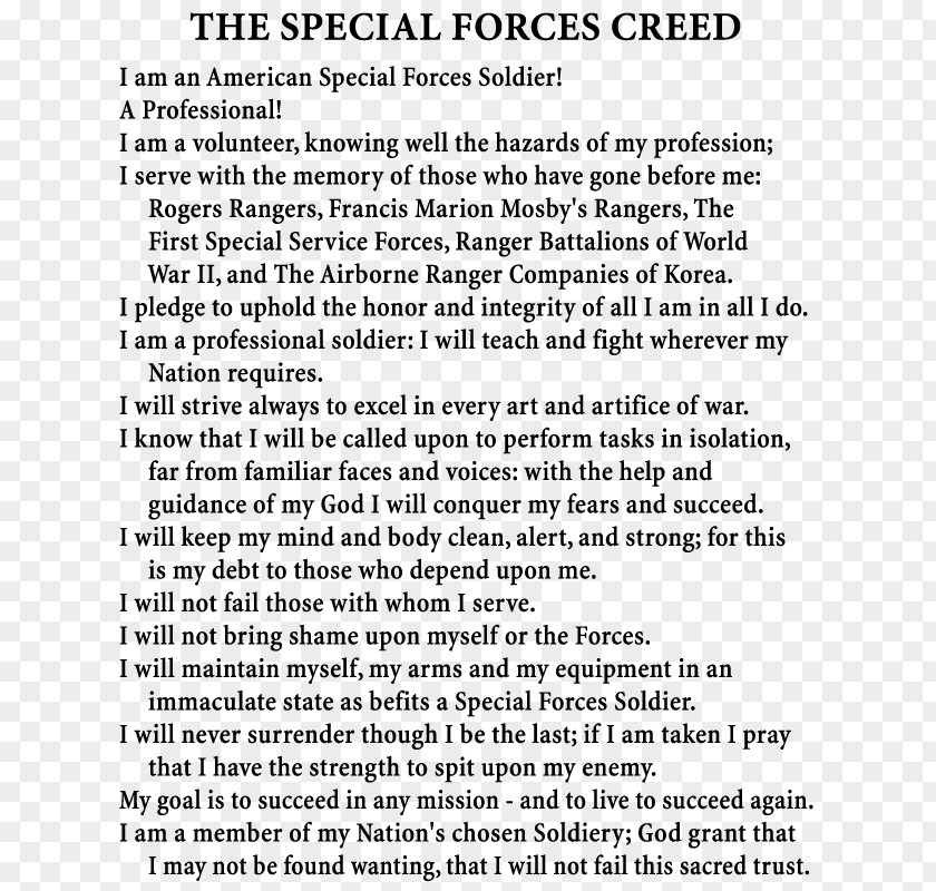 Ranger Creed The Special Forces Emergency Service United States Army PNG
