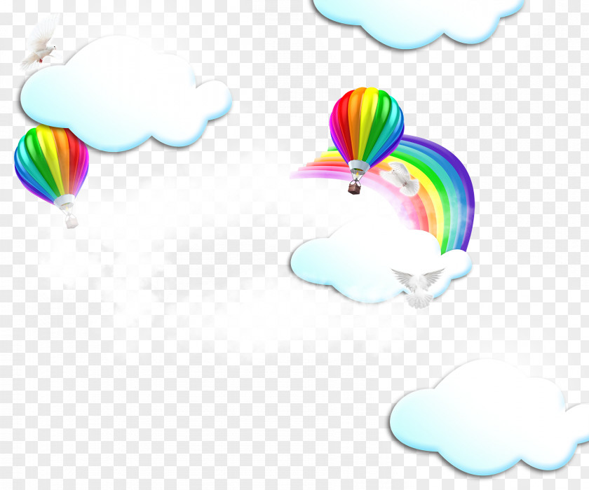 White Pigeon Hot Air Balloon Rainbow Clouds Decorative Background PNG