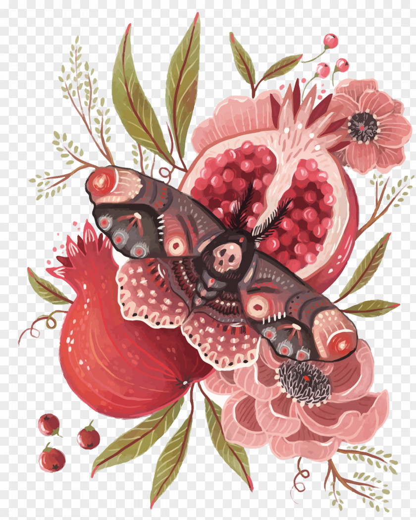 Vector Pomegranate And Moths T-shirt Butterfly Moth Illustration PNG