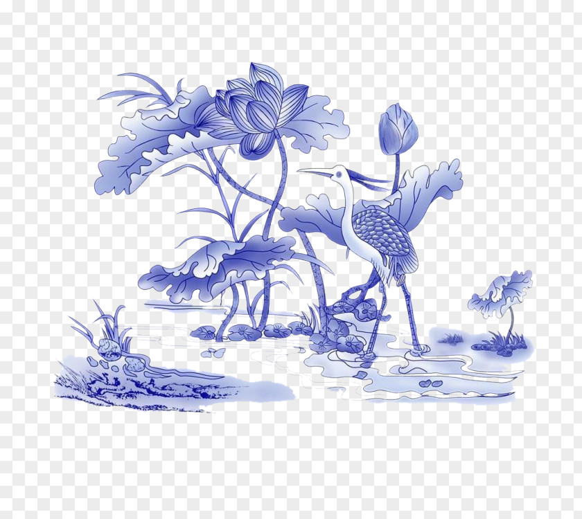 Crowned Crane Blue And White Pottery Chinoiserie PNG