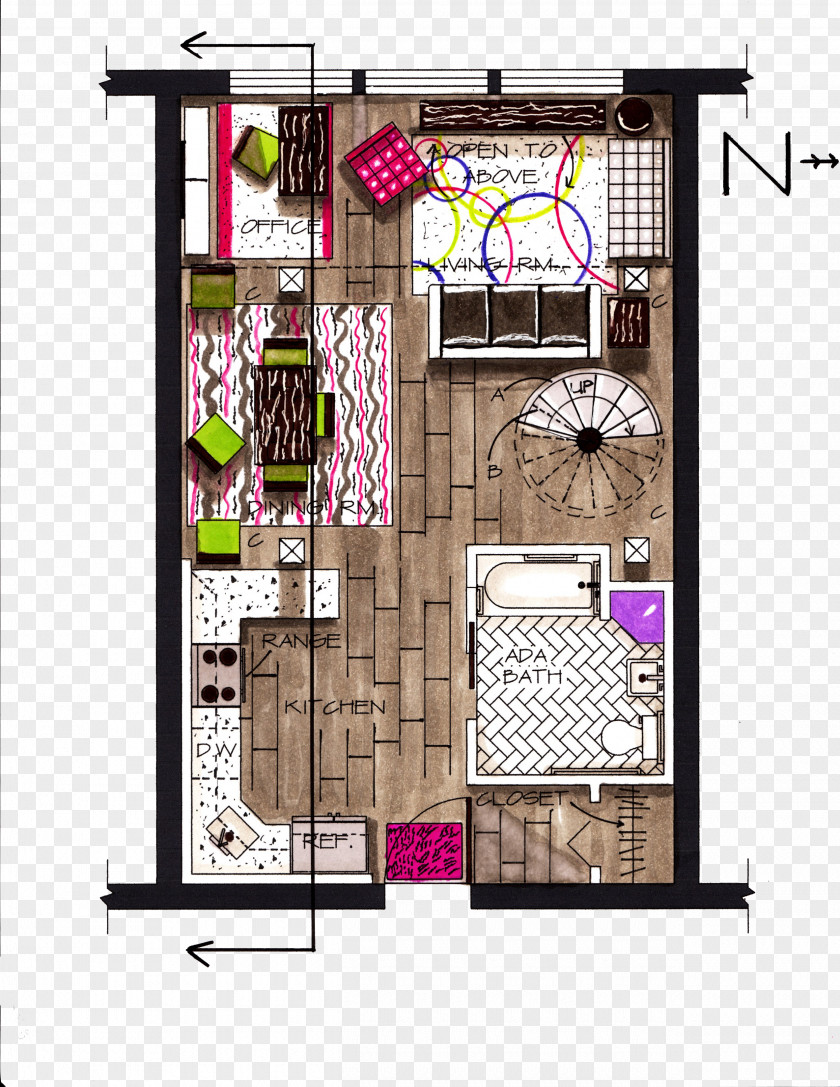 Color Painted Apartment One Bedroom Flat Renderings Floor Plan Architectural Drawing Sketch PNG