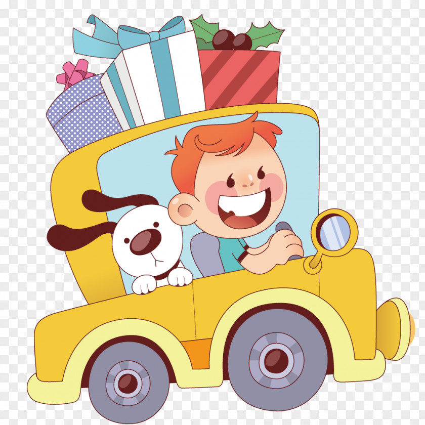 Boy Driving A Car Cartoon Illustration PNG