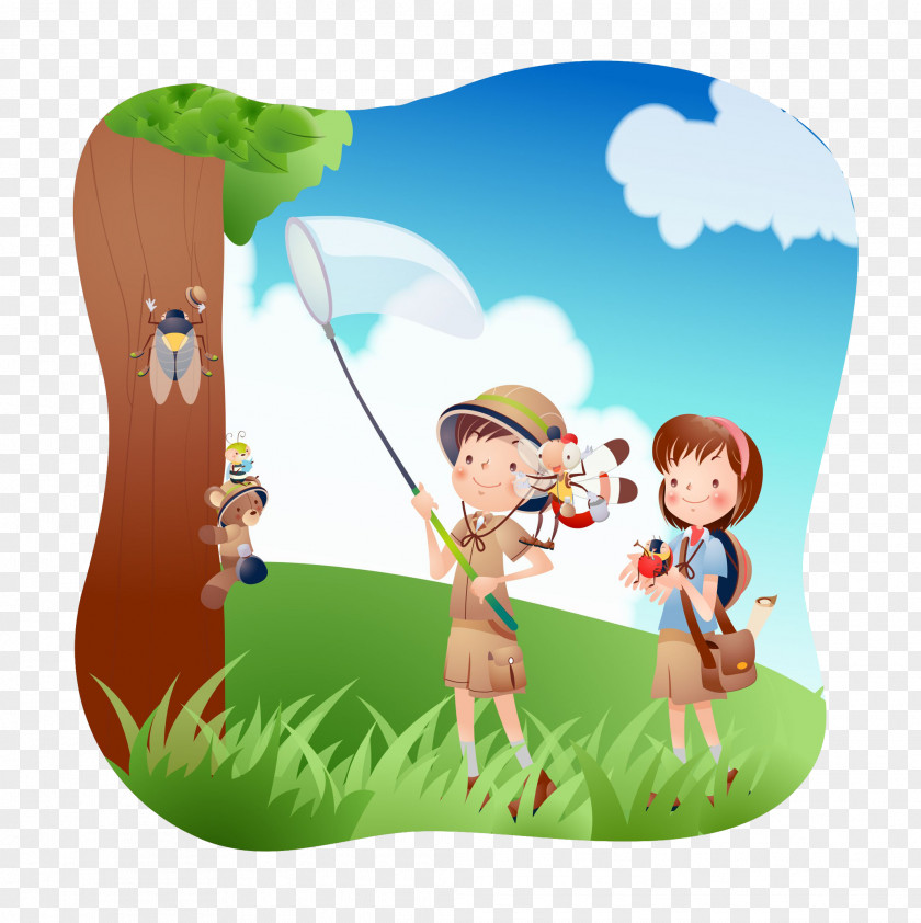 The Child Holding Insect Net Happiness Summer Vacation Wallpaper PNG