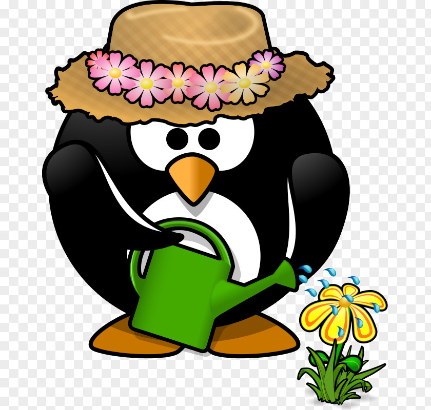 Cartoon Penguin With Hat Watering Gardening Can Clip Art PNG