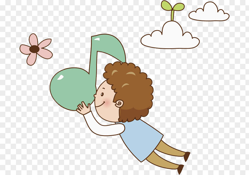 A Little Boy Flying With Notes Musical Note Illustration PNG
