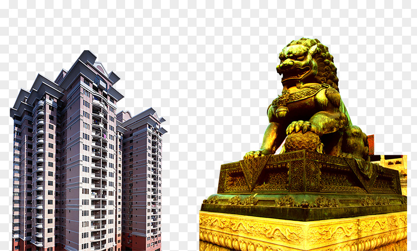 Real Estate Ad Elements Lions Statue Building House PNG