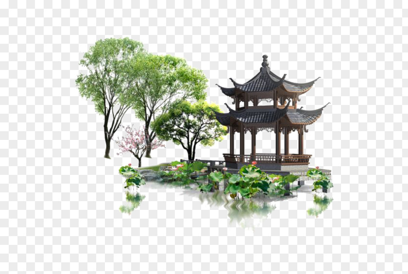 Chinese Wind Green Garden Scene PNG