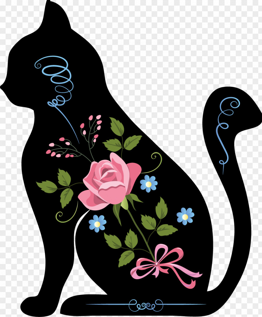 Black Cat Flower Pink Cartoon PNG