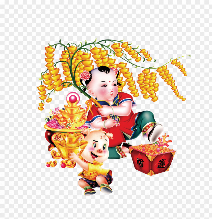 Cash Cow Boy Sudhana Caishen New Year Picture Chinese PNG