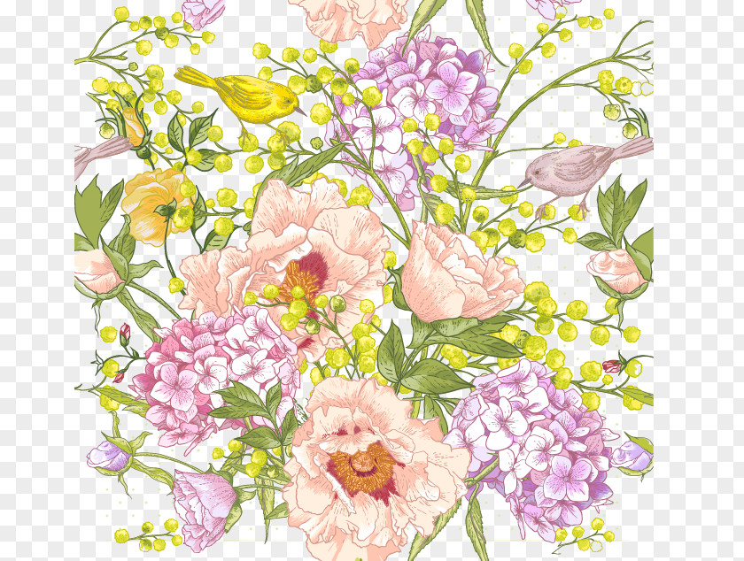 Spring Flowers Hand-painted Birds Drawing Royalty-free Art Illustration PNG