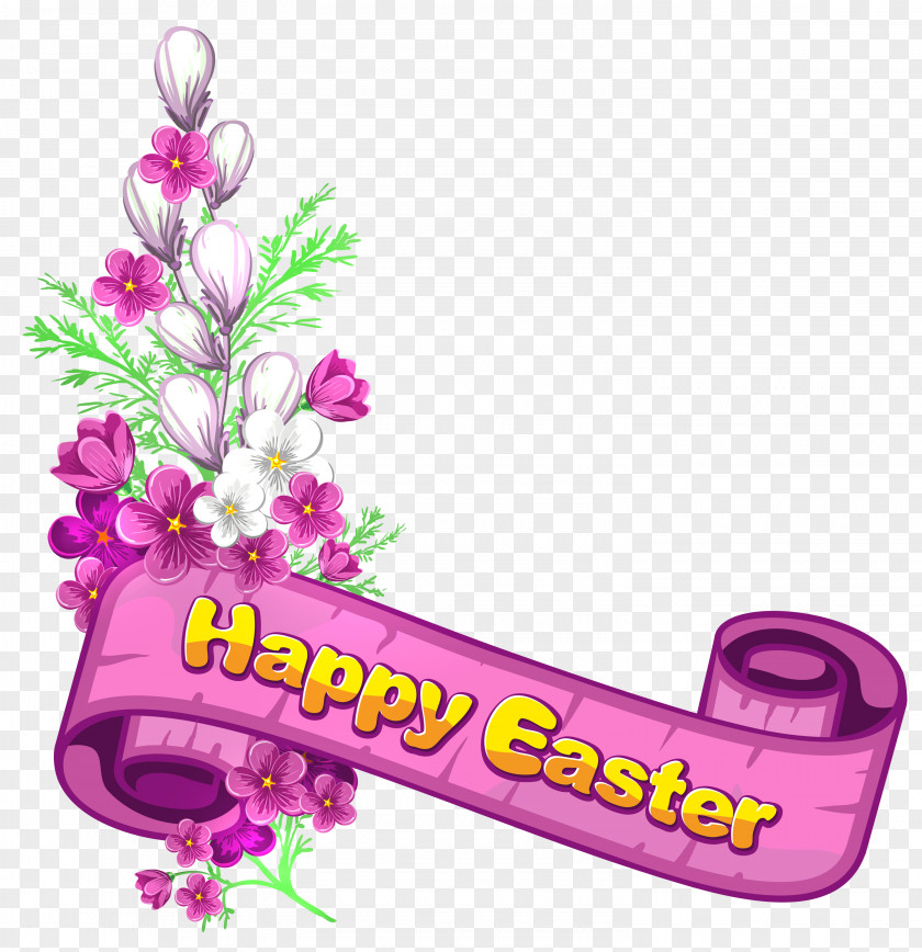 Pink Happy Easter Banner And Flowers Clip Art PNG