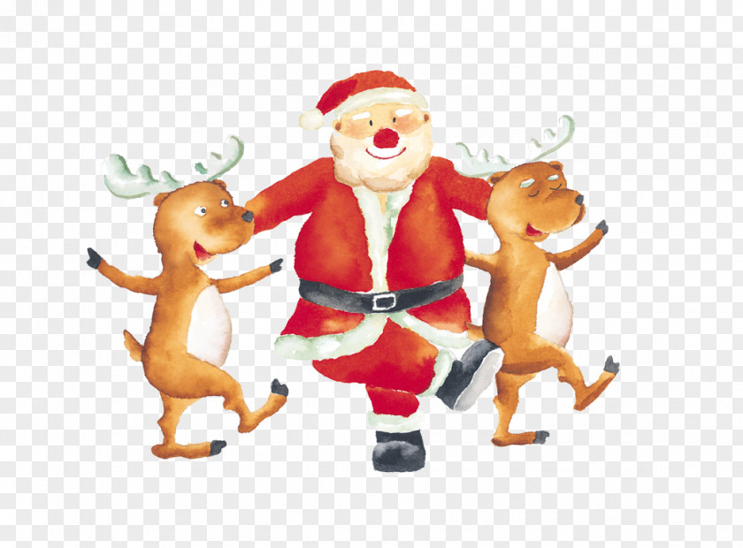 Dancing Reindeer And Santa Claus Christmas Illustration PNG