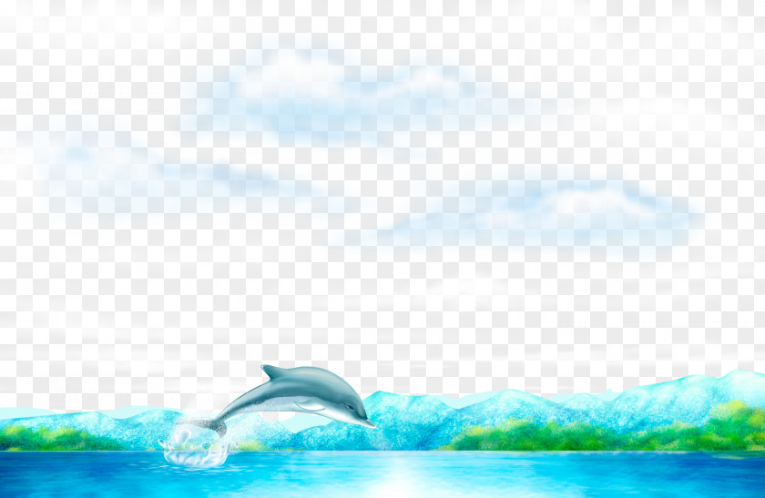 Blue Ocean Dolphin Jumping Cartoon Wallpaper PNG