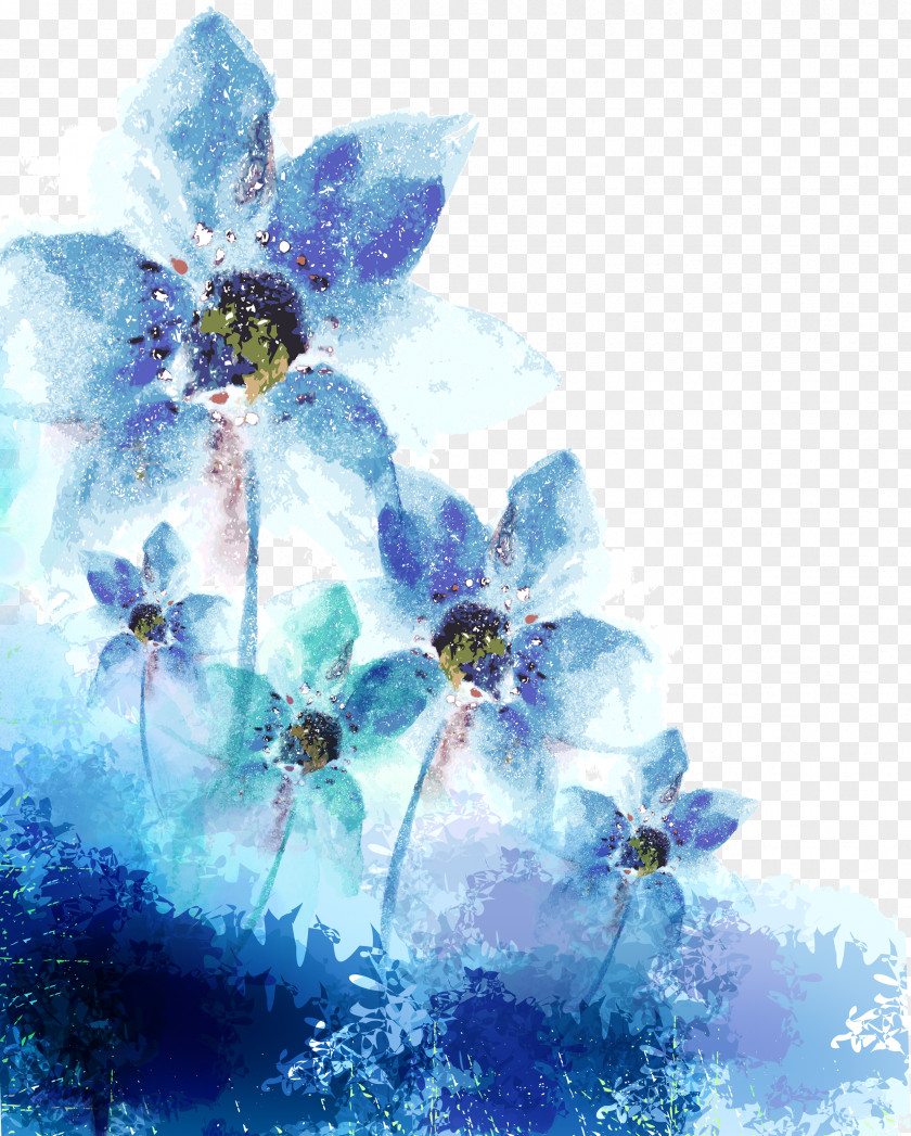 Blue Watercolor Flowers Ink Adobe Illustrator PNG