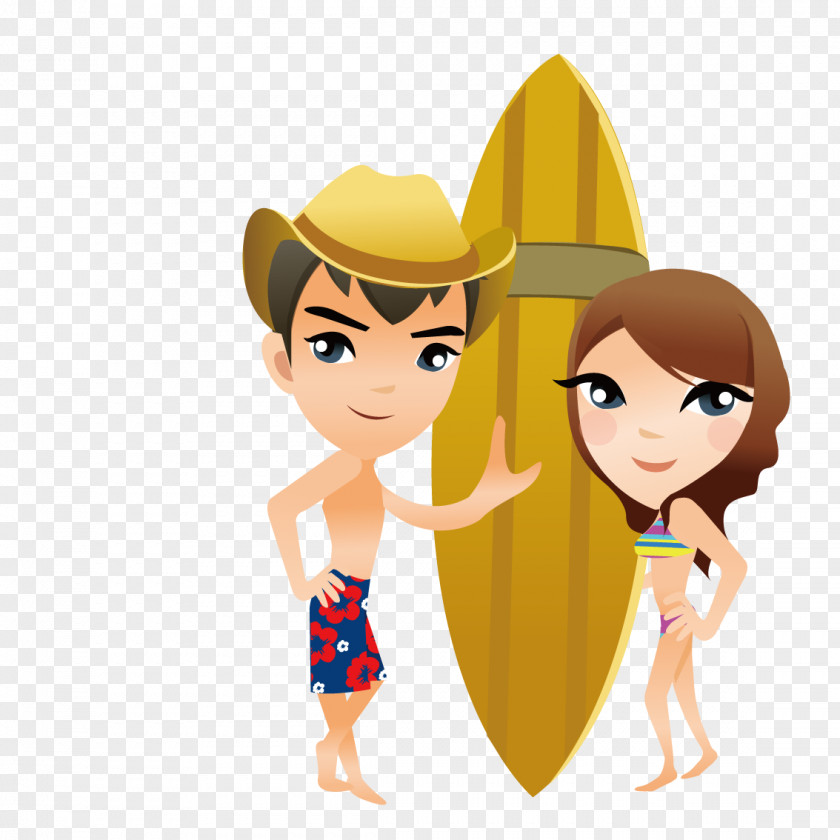 Play Water Surfing Couple Cartoon Illustration PNG