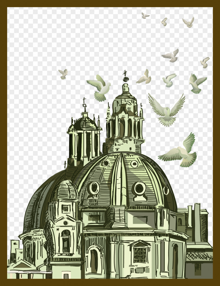 Vector Old Church Building Poster Illustration PNG