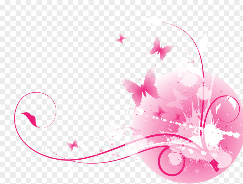 Vector Painted Pink Flower Vine Butterfly Clip Art PNG