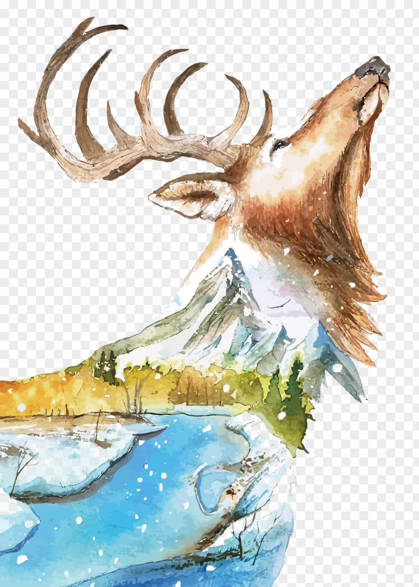 Vector Mountain Deer Cross-stitch Watercolor Painting Pattern PNG
