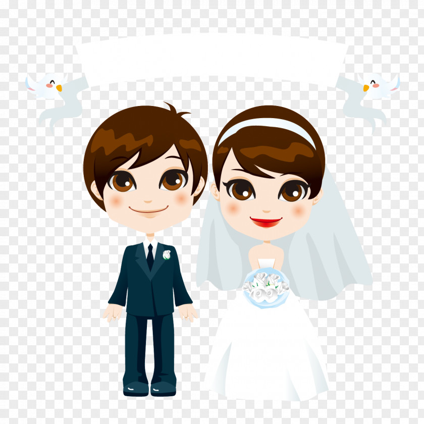 Hand-painted Cartoon Couple Vector Wedding Invitation Photography Illustration PNG