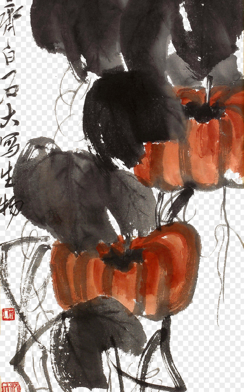 Qi Baishi Painting Pumpkin Vine Leaves Hunan Ink Wash Melon PNG