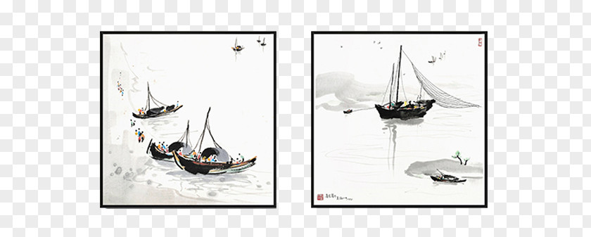 Boat Painting In Water Drawing Ink PNG